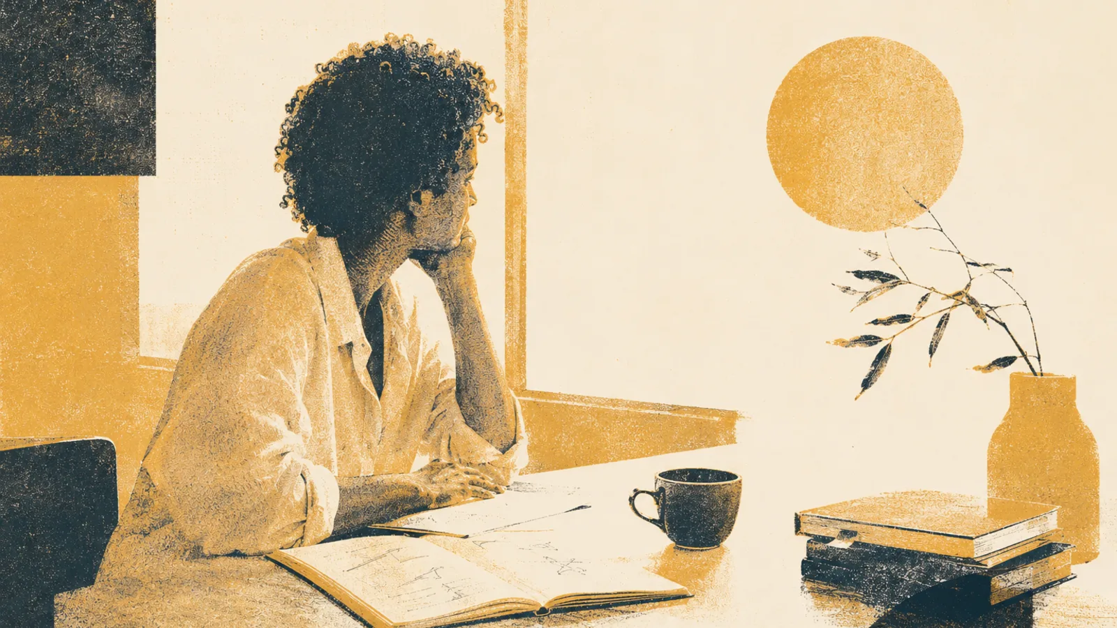 Mulher pensativa em uma mesa com caderno aberto e café, ilustração em estilo risografia âmbar e preto